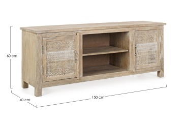 Comodă joasă Mayra cu 2 uși, sculptată manual, din lemn de mango, 150 x 40 x 60 cm - Img 2