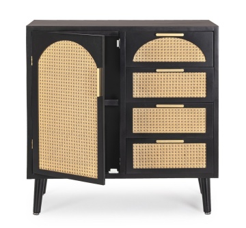 Comoda Josine, lemn de pin, cu 1 ușă, 4 sertare și inserții din ratan, negru, 80x40x80 cm - Img 9