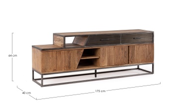 Comodă TV Janak, cu 3 uși și 2 sertare, din lemn de acacia și oțel, 175x40x64 cm - Img 2