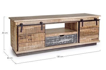 Comodă TV joasă Tudor, 130 cm, cu 2 uși și 1 sertar, din lemn de mango cu bază din oțel, finisaj nitrocelulozic, 130x40x50 cm - Img 2