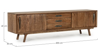 Comodă TV Sherman, 200 cm, cu uși glisante, din lemn de mango, stil vintage, 200x43x60 cm - Img 2