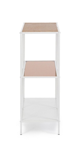 Consolă Haldor, din oțel și MDF furniruit, cu poliță din sticlă, alb și natural, 82x33x85 cm - Img 3