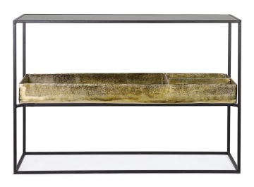 Consolă Mavila cu depozitare, cadru metalic, blat din sticlă și finisaj antichizat, 117x40x85 cm - Img 3