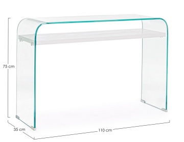 Consolă modernă cu 2 rafturi, blat din sticlă și raft MDF cu efect lemn alb, 110x35x75 cm - Img 2
