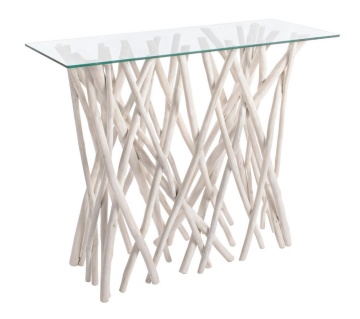 Consolă Sahel din crengi de tec cu finisaj alb antichizat și blat din sticlă, 100x40x80 cm