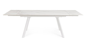 Masă dining extensibilă Jarkko, 8-10 persoane, blat din gresie porțelanată efect marmură și bază din oțel, alb mat, 160-240x90 cm - Img 3