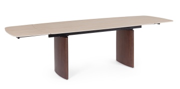 Masă dining extensibilă Mailis, 6-10 persoane, blat din gresie porțelanată efect marmură, picioare finisaj nuc, 180/260 x 90 cm