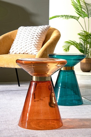 Măsuță de cafea Azmin, rotundă, din sticlă petrol și oțel auriu, diametru 36 cm, 36x46 cm - Img 5