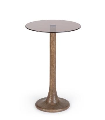 Măsuță de cafea rotundă Aberdeen, cu picioare din lemn de mango și blat din sticlă culoare chihlimbar, diametru 35 cm, înălțime 55 cm
