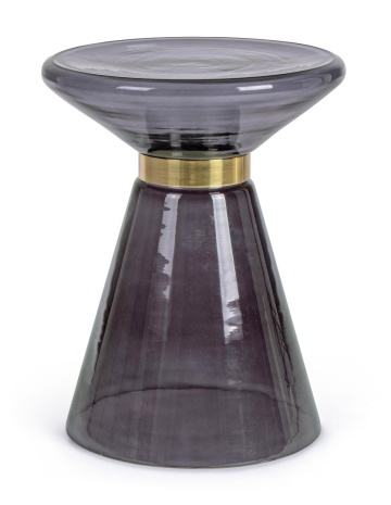 Măsuță de cafea rotundă, din sticlă gri cu inel decorativ auriu, diametru 36 cm