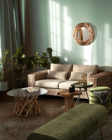Măsuță de cafea Samira, rotundă, diametru 80 cm, din crengi de tec cu blat din sticlă securizată, finisaj natural, 80x40 cm - Img 3
