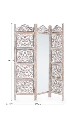 Paravan Alyssia cu oglindă, 3 panouri, sculptat manual, lemn de mango, alb antichizat, 130x2.5x180 cm - Img 2