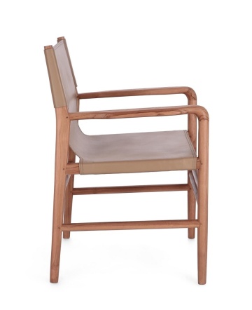 Scaun cu brațe Caroline, din lemn de tec și piele naturală, Taupe, 57x58x85 cm - Img 6