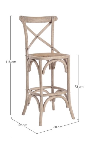 Scaun de bar Cross, din lemn de ulm și ratan natural, gri deschis - Img 2