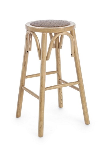 Scaun de bar rotund, din lemn de ulm cu șezut din ratan natural, natur, diametru 40 cm, înălțime 73 cm