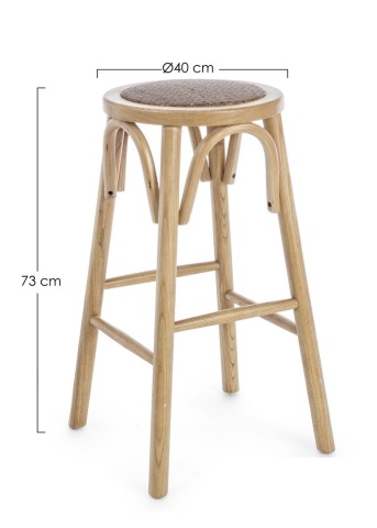 Scaun de bar rotund, din lemn de ulm cu șezut din ratan natural, natur, diametru 40 cm, înălțime 73 cm - Img 2