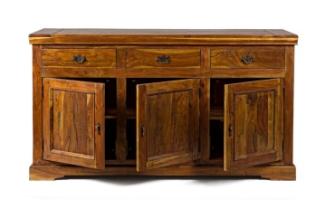 Servanta Chateaux, cu 3 uși și 3 sertare, din lemn masiv de acacia, finisaj rustic antichizat, 160x50x90 cm - Img 7