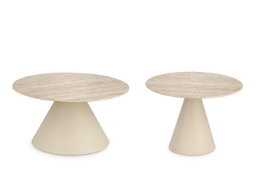 Set 2 măsuțe de cafea Hardy, rotunde, cu blat din ceramică efect travertin și bază metalică, diametre 50 cm și 60 cm