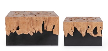 Set 2 măsuțe de cafea rotunde Grenada, top din rădăcină de tec și bază din oțel, diametre 60/80 cm, înălțimi 38/45 cm - Img 4