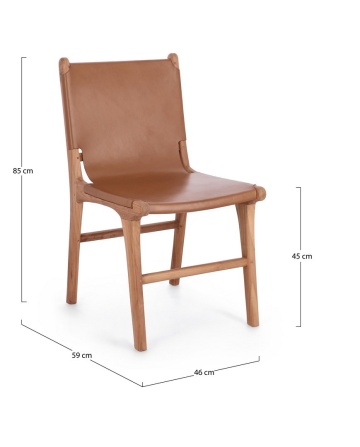 Set 2 scaune Eugenie, din lemn de tec și piele naturală, cognac, 46 x 59 x 85 cm - Img 3