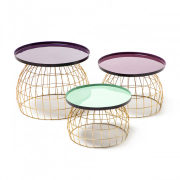 Set 3 masute de cafea rotunde din metal Laudatio 50x50x42 cm mov/lila/verde deschis