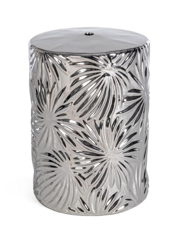 Taburet cilindric decorativ Sfinge, din ceramică, argintiu cu model frunze, 33x46 cm