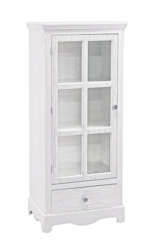 Vitrină Blanc, cu 1 ușă și 1 sertar, din MDF, finisaj alb mat cu efect albit, 48,5x32x114 cm