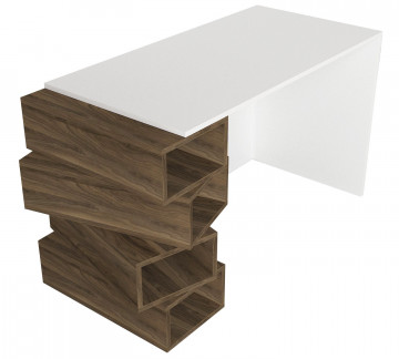 Birou cu rafturi din pal melaminat Jenga nuc si alb 130 cm - Img 5
