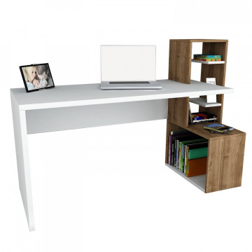 Birou cu rafturi din pal melaminat Side nuc si alb 120 cm