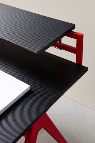 Birou de gaming, cu cadru metalic și blat cu efect de fibră de carbon, roșu și negru, 135.5x60x95 cm - Img 8