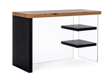Birou Line, cu 2 rafturi, din MDF și sticlă securizată, negru, 120x50x76 cm - Img 1