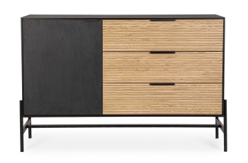 Comoda Allycia, 1 ușă, 3 sertare, lemn de frasin, negru și natur, 124 x 40 x 81.5 cm - Img 3