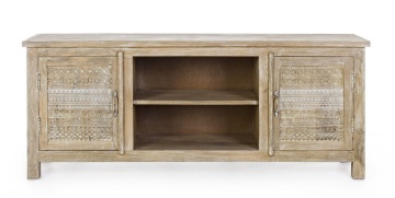 Comodă joasă Mayra cu 2 uși, sculptată manual, din lemn de mango, 150 x 40 x 60 cm - Img 3