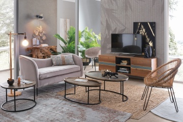Comodă TV Aron, 160 cm, 2 uși cu inserții metalice, lemn de acacia și oțel, 160x44x65 cm - Img 9