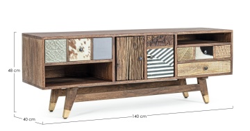 Comodă TV Dhaval, 140 cm, din lemn de mango și acacia reciclat, cu aplicații din metal și piele, 140x40x48 cm - Img 2