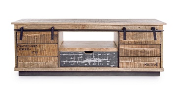 Comodă TV joasă Tudor, 130 cm, cu 2 uși și 1 sertar, din lemn de mango cu bază din oțel, finisaj nitrocelulozic, 130x40x50 cm - Img 3