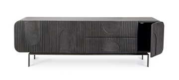 Comodă TV Orissa, lemn masiv de mango și picioare din oțel, 3 uși, 2 sertare, negru, 172x44x55 cm - Img 9