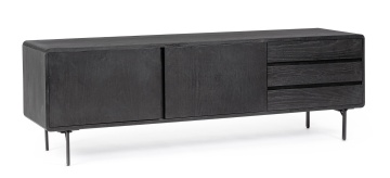 Comodă TV Widald, furnir frasin, 2 uși, 3 sertare, neagră, 160x40x50 cm