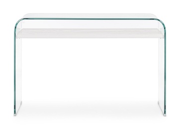 Consolă modernă cu 2 rafturi, blat din sticlă și raft MDF cu efect lemn alb, 110x35x75 cm - Img 3