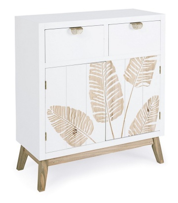 Dulapior Folium cu 2 uși și 2 sertare, din lemn de brad cu decor încrustat manual, 70x30x80 cm