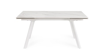 Masă dining extensibilă Jarkko, 8-10 persoane, blat din gresie porțelanată efect marmură și bază din oțel, alb mat, 160-240x90 cm - Img 4