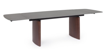 Masă dining extensibilă Mailis, 6-10 persoane, blat din gresie porțelanată efect marmură, picioare finisaj nuc, 180/260 x 90 cm