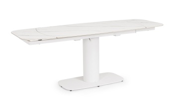 Masă dining Jeremias, extensibilă pentru 6-8 persoane, blat din gresie porțelanată cu efect de marmură albă mată, bază din oțel, 140-200x80x75 cm