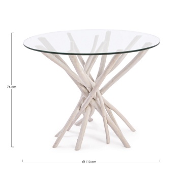 Masă dining rotundă Sahel, diam. 110 cm, cu bază din crengi de tec și blat din sticlă securizată, finisaj alb spălăcit - Img 2