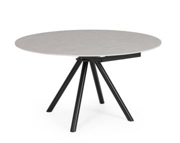 Masă rotundă extensibilă, 2-6 locuri, blat ceramică porțelanată efect marmură, bază din oțel, negru/gri deschis, diametru 87/135 cm