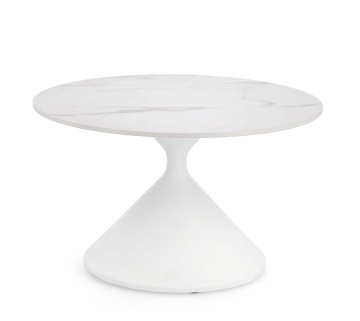 Măsuță de cafea Joona, rotundă, cu blat din gresie porțelanată efect marmură mată și bază din oțel, albă, diametru 70 cm
