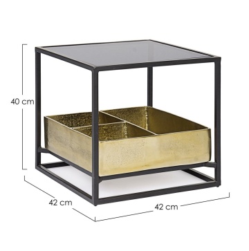 Măsuță de cafea Mavila, cu spațiu de depozitare, metal și sticlă securizată, finisaj antichizat, 42x42x40 cm - Img 2