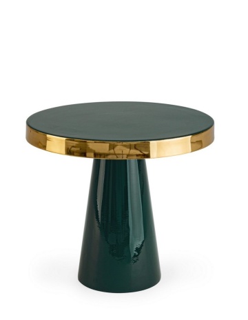 Măsuță de cafea Nandika, rotundă, din oțel emailat verde închis, margine placată cu alamă, diametru 41 cm, înălțime 37 cm