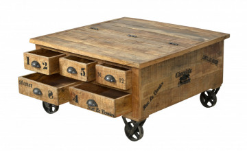 Masuta de cafea patrata din lemn cu spatiu de depozitare Rustic 90x90x47 cm maro - Img 3