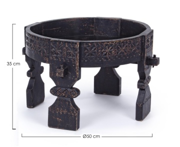 Măsuță de cafea rotundă Yasir, diametru 50 cm, din lemn de mango sculptat negru, finisaj antichizat, 35 cm înălțime - Img 2